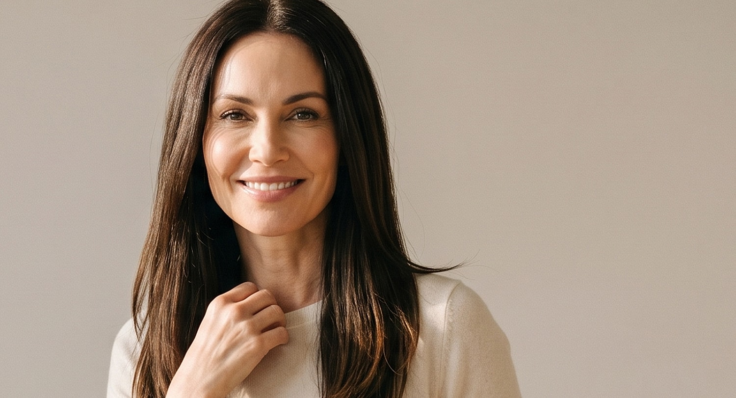 Beverly Hills plastic surgery model smiling with long hair in neutral lighting.