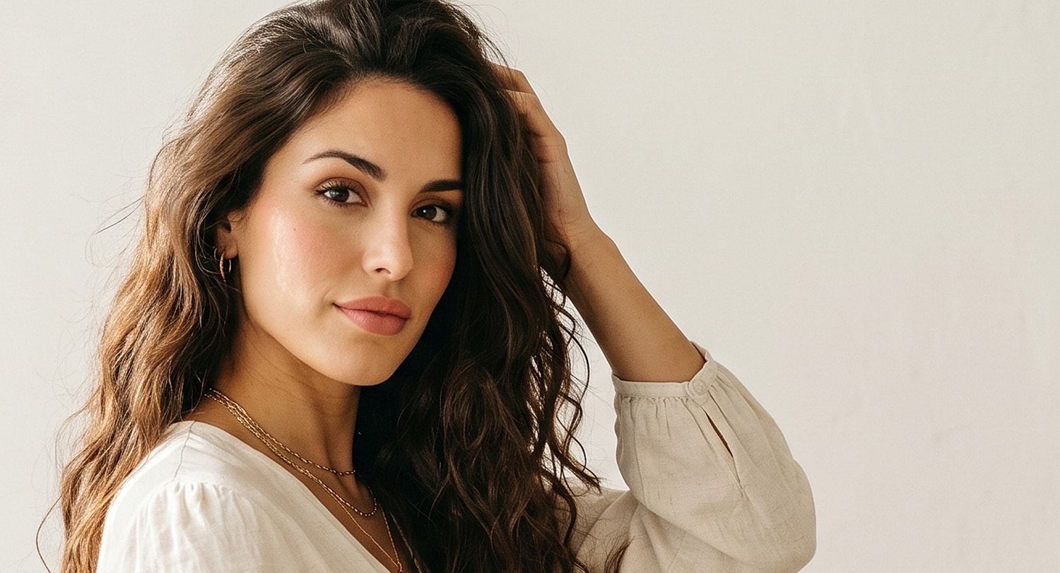 Beverly Hills plastic surgery model with long, wavy hair posing gently.