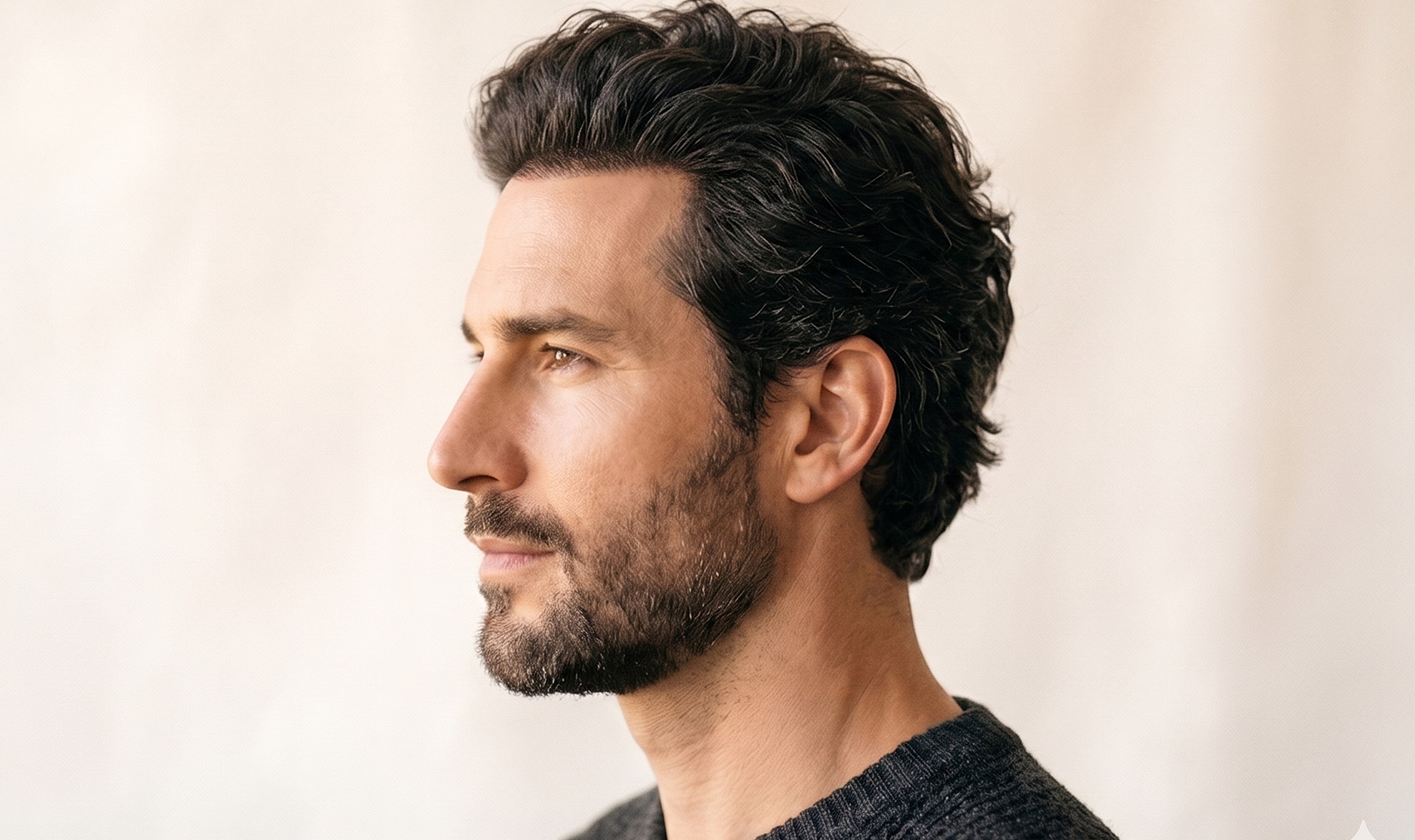 Beverly Hills plastic surgery model with curly hair and beard profile against backdrop.